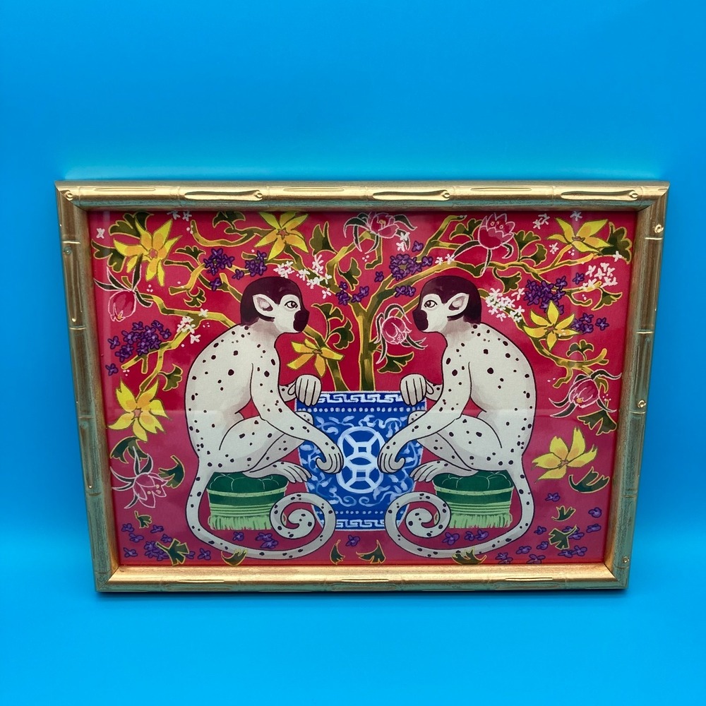 Sapna Shah Chinoiserie Monkey Art Print in Gold Faux Bamboo Frame